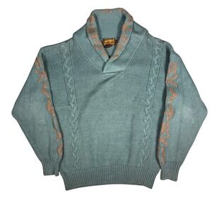Vintage 90s Eddie Bauer Teal Blue Cable Knit Shawl Collar Sweater Men's Large